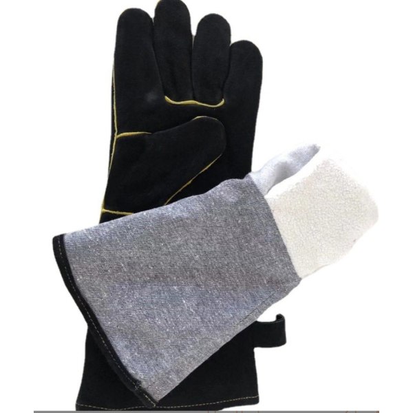 Långa lädersvetshandskar Ugn Mikrovågsugn Matlagning BBQ-handskar Värmeisolering Trädgårdsarbete Anti-Cuting (40 cm helt sort + par grå fæste) CDQ