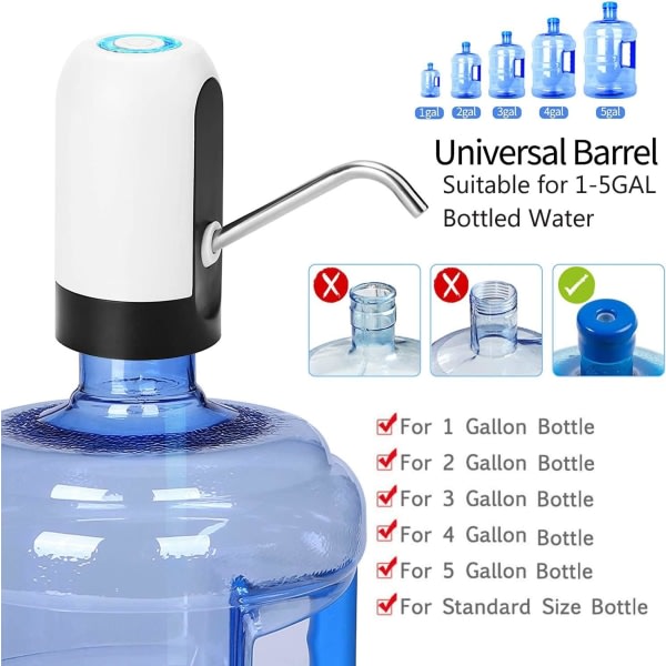 Vattenflaskepumpe 5 gallon vandflaskeautomat USB-ladning Automatisk drikkevandspumpe Bærbar elektrisk vanddispenser (Vit) CDQ
