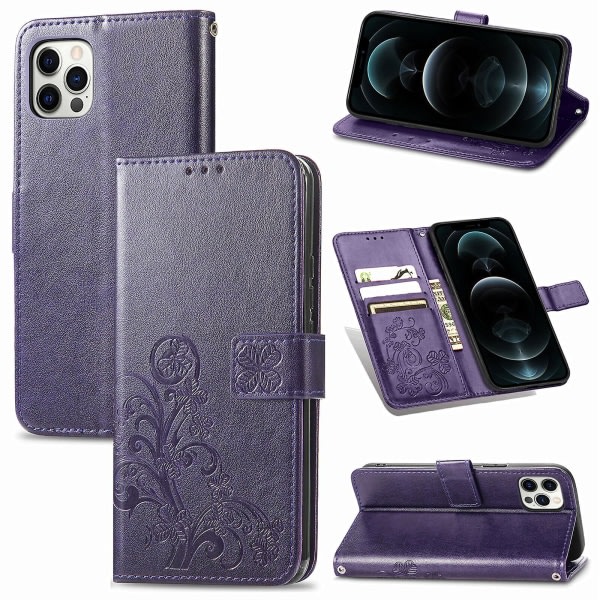 Veske til Iphone 11 Pro Max Cover Plånbok Clover Präglat beskyttende læder Telefondeksel Magnetisk - Violet C5 A