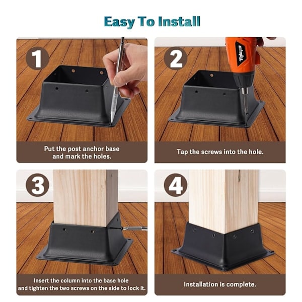 [QD] 2 st Stolpfäste för Staket, Svart Pulverlackerad Däckstolpsbas, Passar 4\"x4\" Standard Trästolpe, Fäste för Däck, Veranda, Ledstång, Räcke, Stöd