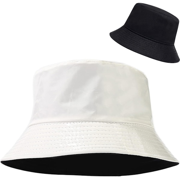 Sød bucket hat strand fiskerhatte til kvinder, vendbar dobbeltsidet slid PU Leather White