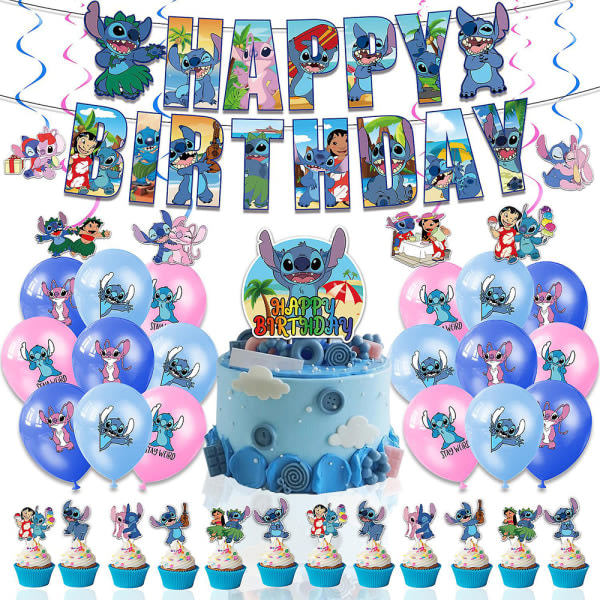 Syntymäpäiväkoriste Ilmapallot Kakunpäällinen Onnea syntymäpäivänä-Banneri Vaaleanpunainen Sininen Disney Stitch