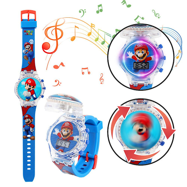 Barntecknad klocka med blinkande ljus, lysande digitala musikklockor, snurrande topp, vändbart lock, armbandsur, leksak Mario