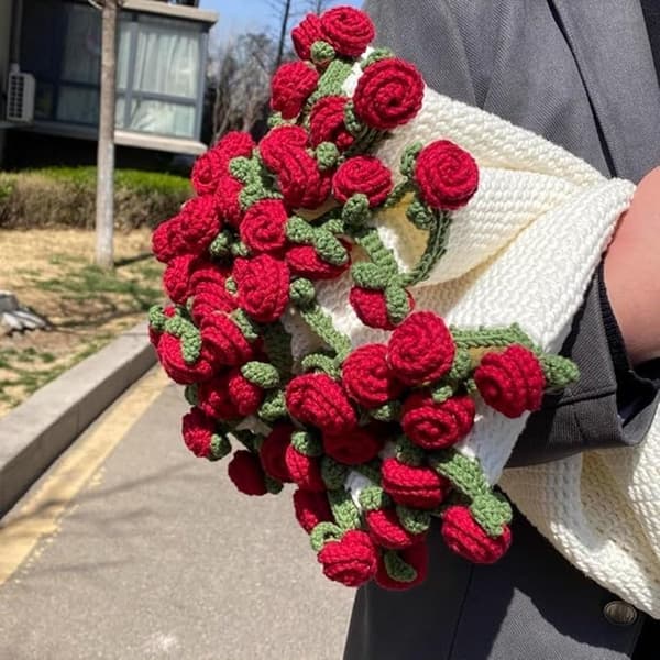 Rosenbuket Tæppe Håndstrikket Blødt Åndbart Plaid til Sofa Seng Stol Valentinsgave til Kvinder Rød 80 cm
