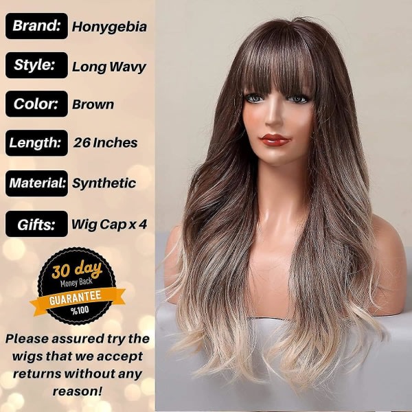 Ljusbrun peruk med lugg - långa ombre vågiga peruker for vita kvinner, askvit syntetisk varmebeständig