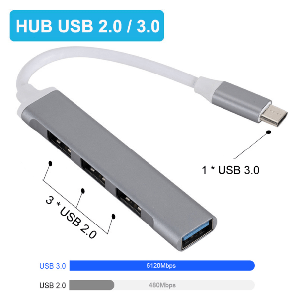CDQ USB C HUB 3.0 Typ C 3.1 4 Port Multi Splitter Adapter Sølv