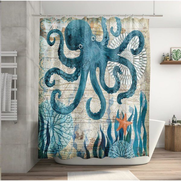 Octopus bruseforhæng 72 x 72 tommer, Ocean bruseforhæng til badeværelsesindretning, nautisk bruseforhæng med 12 kroge