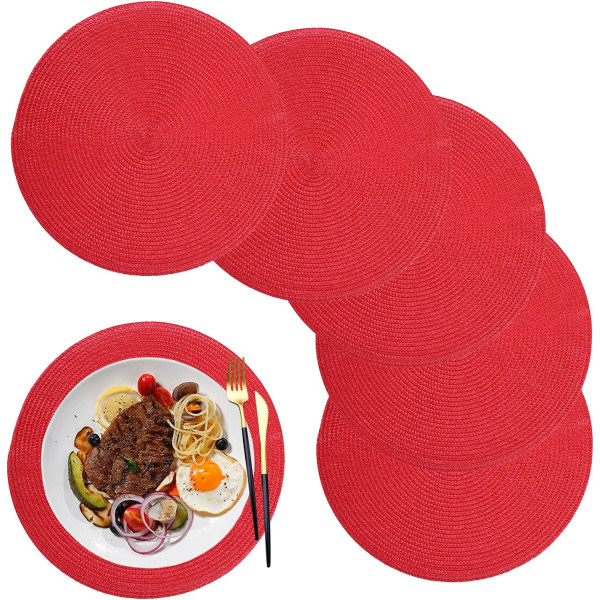Flettet rund bordskåner sæt med 6, polypropylen, vaskbar, varmebestandig, til køkken, spisebord, fester, bryllupper (blank rød)