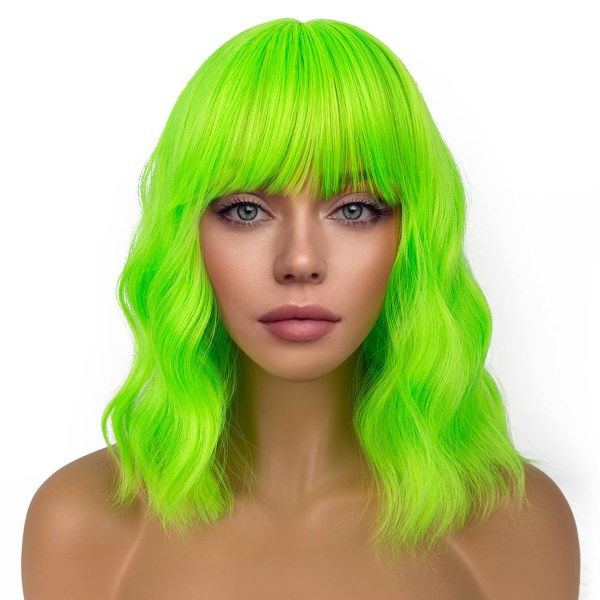 Bølget parykk med lugg Korte parykker for kvinner Krøllete bølget Bob Syntetisk cosplay parykk for jenter Daglig bruk Fargerike parykker (neongrønn)