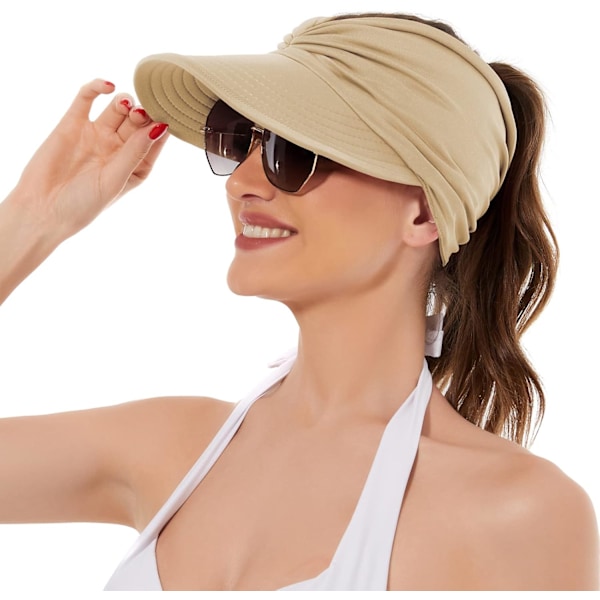 Solhatte til kvinder UV-beskyttelse Solskærm Bred Skygge Sommerhatte med hestehale White Beige
