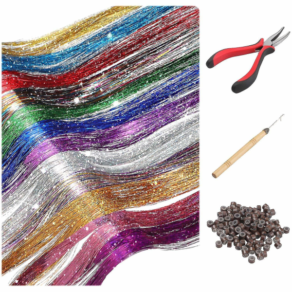 Hårglittersträngar med verktyg 12 färger 1800 trådar Fairy Hair Värmebeständigt glitter Hår Tinsel Strands Kit 90cm
