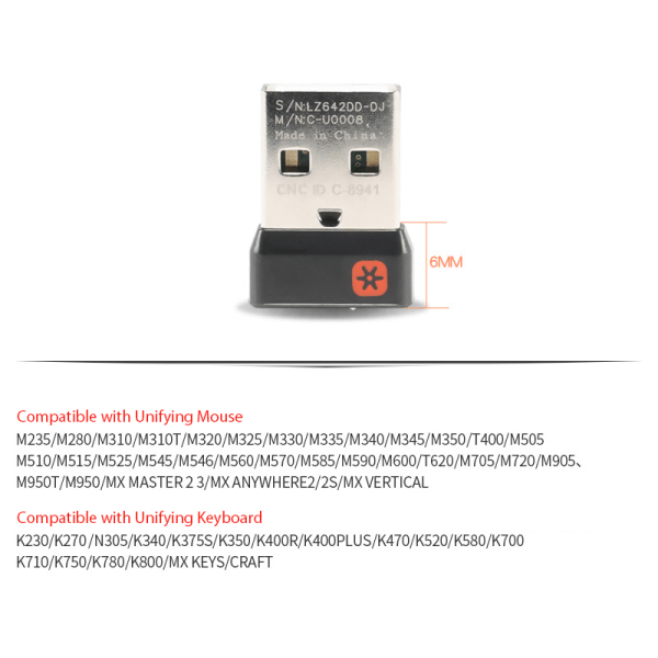 Trådløs Dongle Modtager Unifying USB Adapter til Logitech PC M Sort 6 kanaler