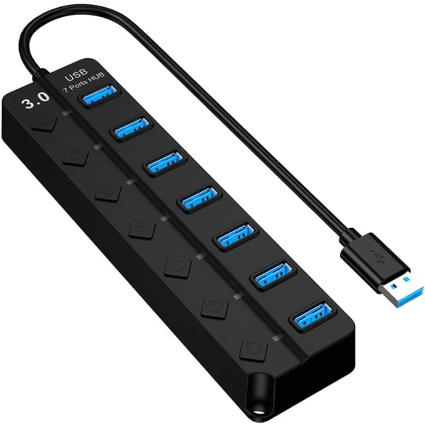 CDQ USB Hub 3.0 med strøm, 7-porters splitter, med strøm og enkel på/av-brytare