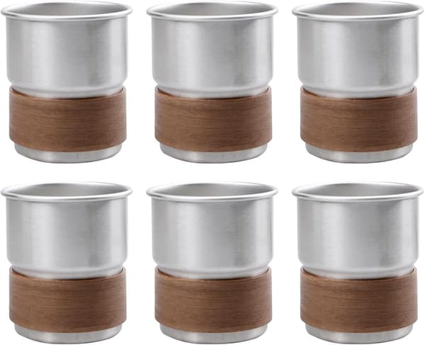 Campingkopper i rustfritt stål, sett med 6, 304 stål med trehylser, stablebare 300 ml kopper for piknik, reise og fester