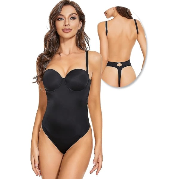 Rygglös Body Shaper för kvinnor Push Up BH Låg rygg String Bodysuit Svart 2XL zdq