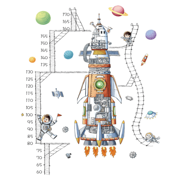 CDQ 2 stykker rymdskeppsastronauters höjdmätningslinjal, layout for tidig utdanning, höjdklistermerke, barnrum, dagisväggdekoration