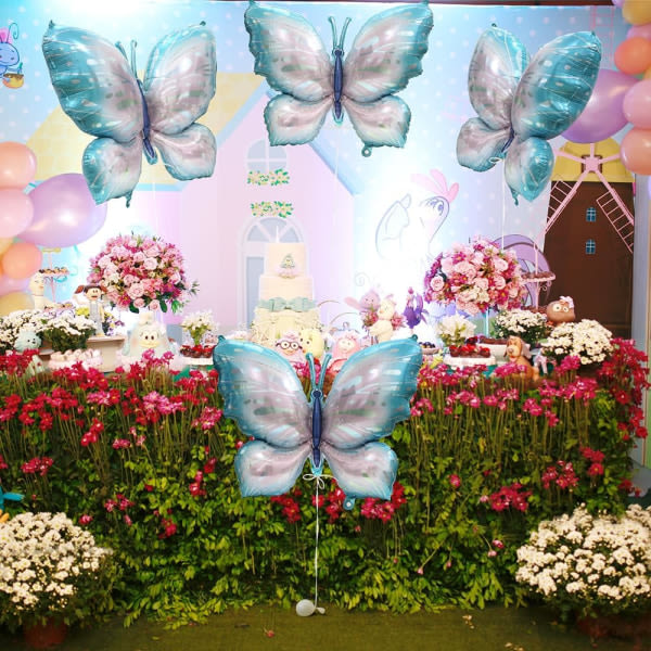 4D 39'' jättefjärilsballonger Fairy Tale Butterfly Party Supplies, 4-pak Gradient Blå Rosa Metallic Butterfly Mylar Folie Ballonger Dekorationer