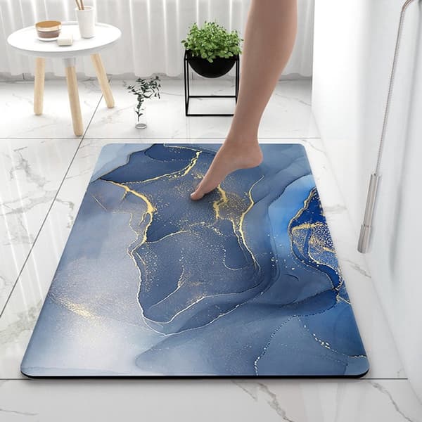 Diatomit bademåtte, absorberende hurtigtørrende med skridsikker gummibagside, til badeværelse, bruser og badekar, blå marmor, 40 x 60 cm