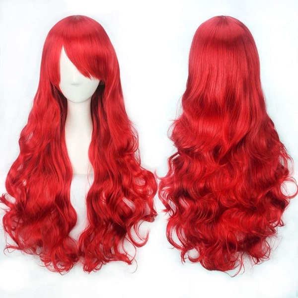 Charmig lång röd lockigt helvågigt hår peruk Anime Cosplay