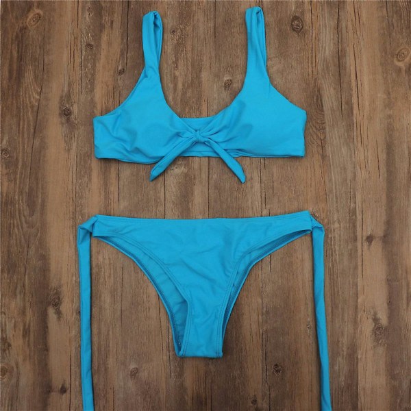 Sexig bikinibaddräkt for kvinner med trykk knytknut framre stringtrosa nederdel badkläder sett blå L