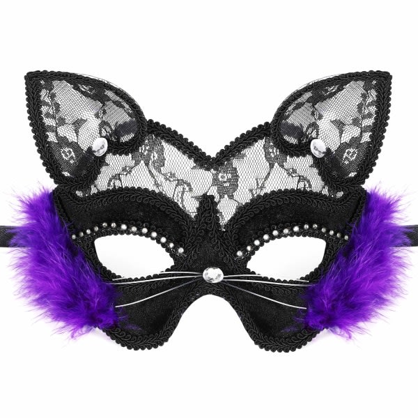 Venetiansk Masquerade Mask, Purple Luxury Black Cat Lace Mask