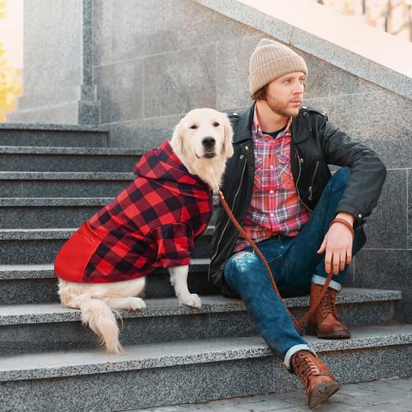 Hundehættetrøje med lynlås, varm bomuldsfleeceblanding, ternet hætte og lomme, til alle hunde, efterår/vinter, rød sort ternet, 3XL