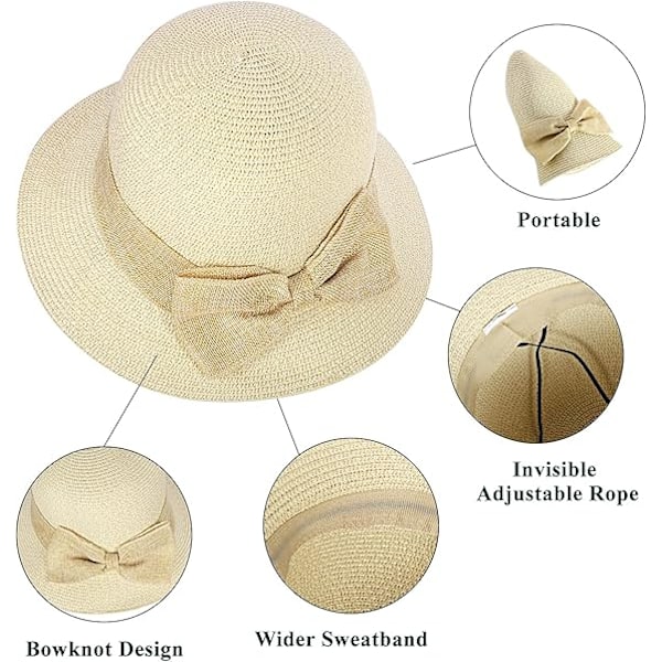 Justerbar sommarhatt för damer, hopfällbar med lockig rosett, passar alla tillfällen, solhatt, solskydd (beige)