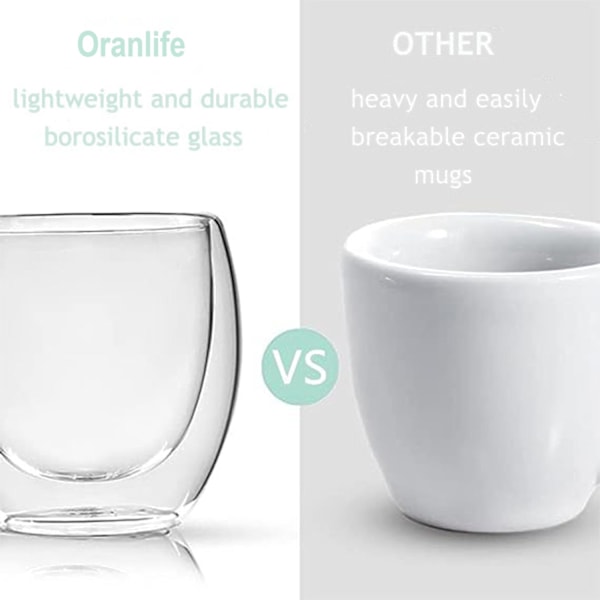 6 stk Dobbelveggede Kopper Glasskrus, Gjennomsiktige Dobbelveggede Kaffe Kanne, Dobbelveggede, Cappuccino, Latte og Isolerte (80ml)