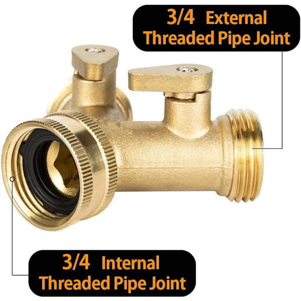 2-tieinen Y-muotoinen puutarhaletkun liitin, kestävä messinkihanan letkun jakaja, letkun liitäntäsovitin 2 venttiilillä + 4 ylimääräistä kumitiivistettä 1 pakkaus