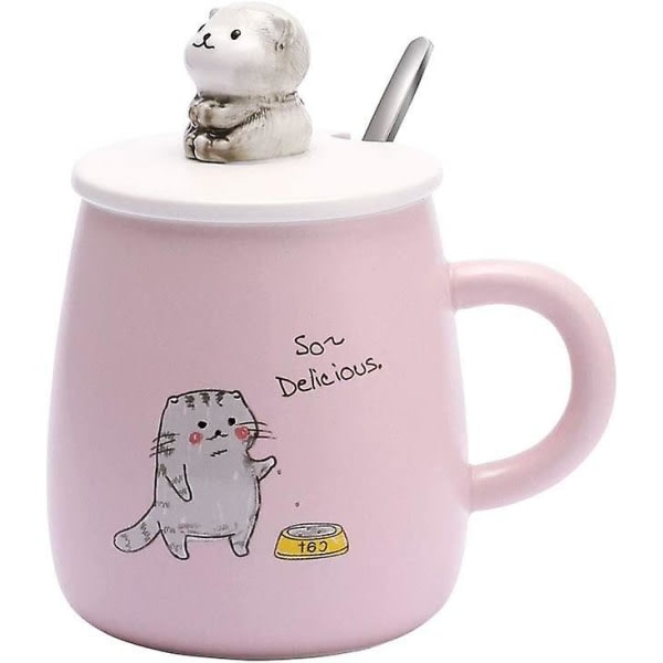 Kattmugg, söt keramisk kaffemugg, med 3d kattformat lock och sked 10x8cm (rosa)