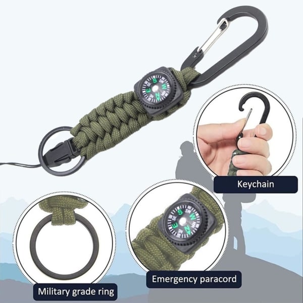 2 st paraplyrepsspetsnål, överlevnadsnyckelringar med klätterspänne och kompass, bergsklättringsspännekompass, utomhuscamping 2 pcs
