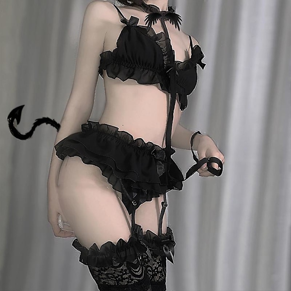 Naisten seksikäs alusvaatesetti, söpöt röyhelöt, pitsi, Kawaii Babydoll, pehmeät tyttöjen pyjamat, japanilaiset Lolita Cosplay -asut Red with stocking