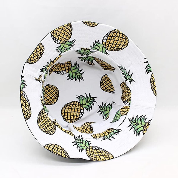 Søt bøttehatt strandfiskehatter for kvinner, vendbar dobbeltsidig bruk Pineapple White
