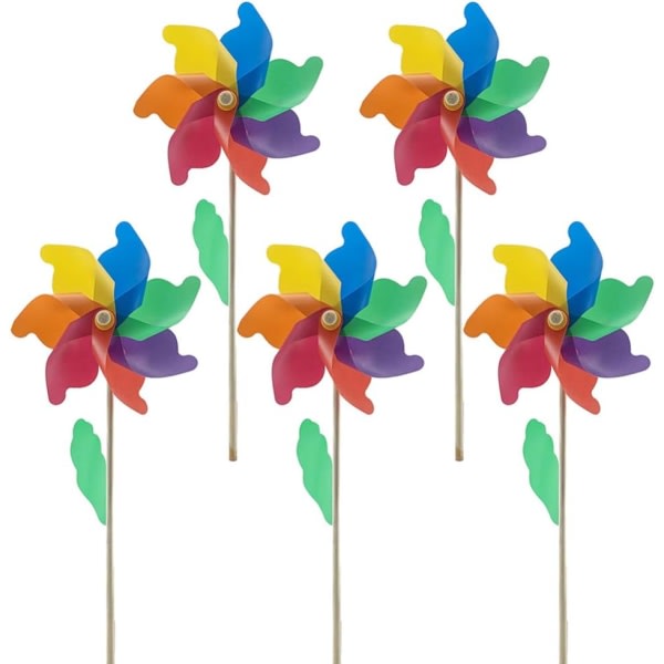 CDQ 5 st vindsnurror, 4,7 tum regnbåge trästolpe vejrkvarn Pinwheel Spinner dekoration for barn, fest eller have