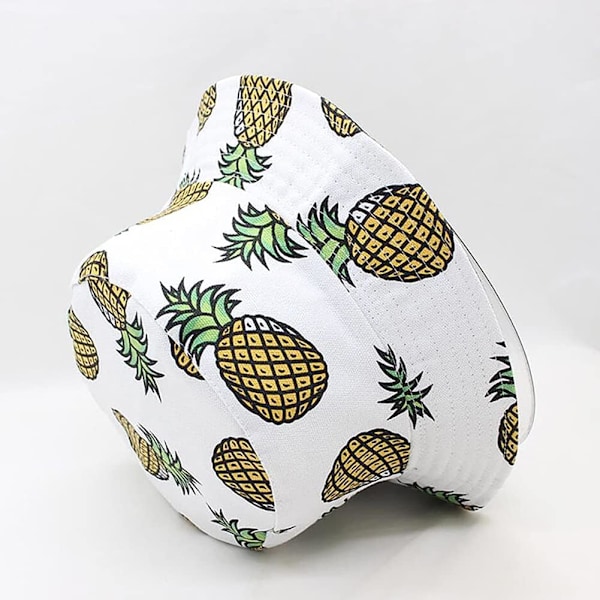 Söt bucket hat strandfiskehattar för kvinnor, vändbar dubbelsidig användning Pineapple White