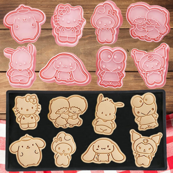 8 st små söta tecknade kakskärare, 3D upphöjda pepparkaksstämplar, formar lämpliga för frosting, formar