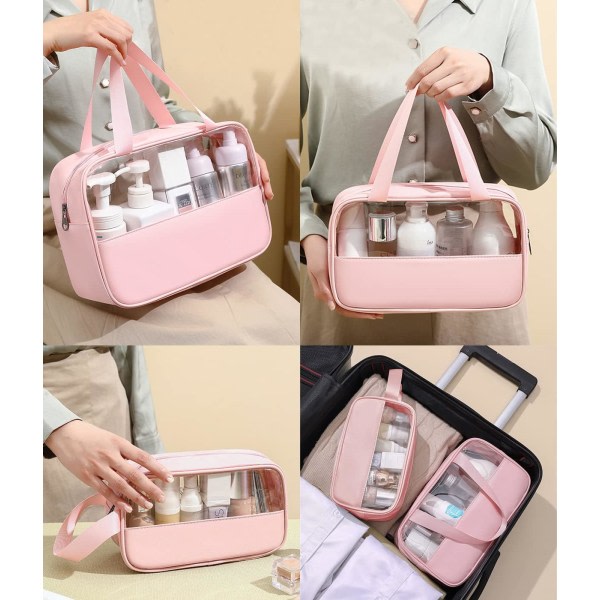 3 delar genomskinlig kosmetisk väska (rosa), rese-necessär, vattentät