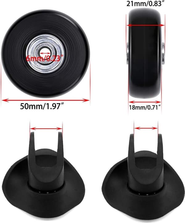 Kuffertudskiftningshjul, 4 stk., 50x18mm gummihjul, sort reparationssæt