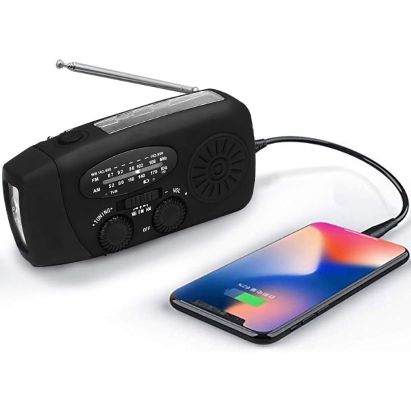 Vevradio med Solceller, Ficklampa och 2000mAh Powerbank SOS Svart