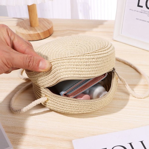 Rund halmväska Dam vävd strandväska Handgjord stickad handväska beige