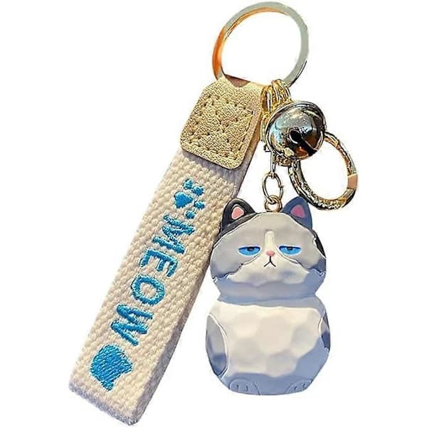 Sød Kawaii Træskulptur Lykkekat Nøglering Nøglekæde - Grå/Stående