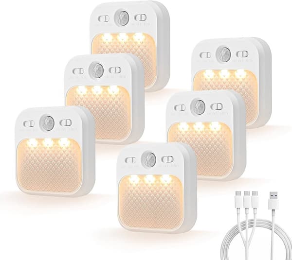Uppladdningsbar LED-nattlampa med rörelsesensor, 3 lägen, magnetisk, USB-C-laddning för sovrum, hall, trappa, kök, 3-pack