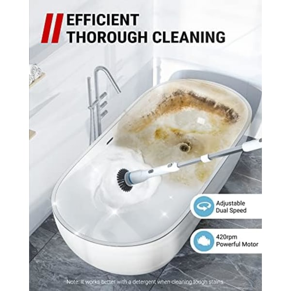 VacLife Cordless Electric Spin Scrubber - Duschskrubber til rengøring, badkarskrubber kommer med 4 udbyttebare borsthoveder, justerbar Elect White