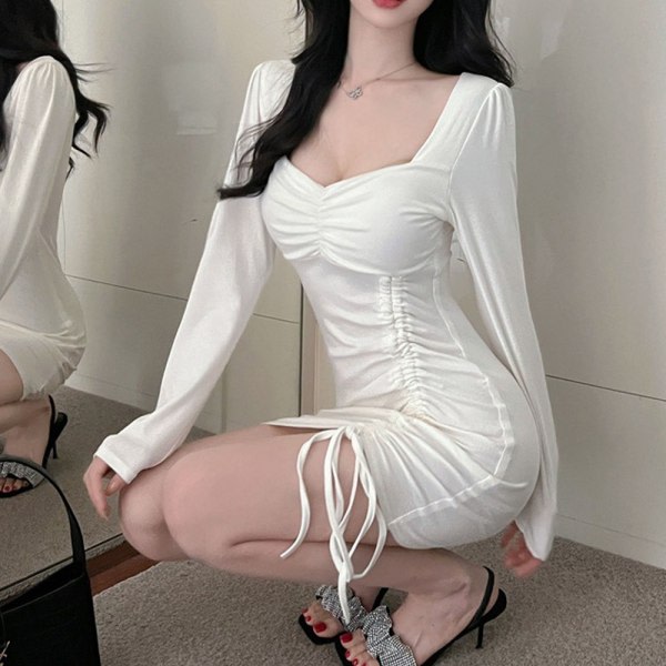 Sexig form Bodycon V-hals långärmad cocktailklänning for kvinner White L CDQ