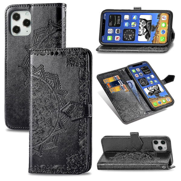 Kompatibel med Iphone 12 Pro Case Läder Cover Emboss Mandala Magnetic Flip Protection Støtsäker - Svart null ingen