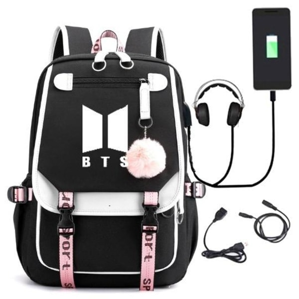 BTS Ryggsäck Barn Ryggsäckar Skolväska med USB-uttag 1st Svart 3 svart 3