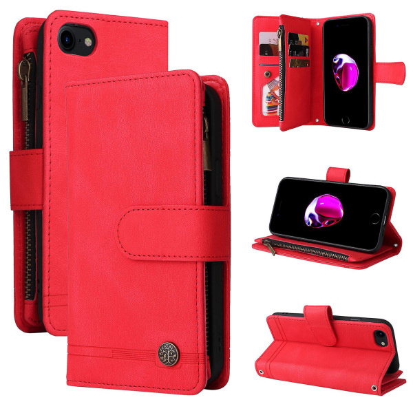 Etui for iPhone SE 2020/2022 Lær Flip Folio Etui med Kredittkortholder Pengeseddellomme Magnetiske Knapper Etui Støtte Støtsikkert Rød A