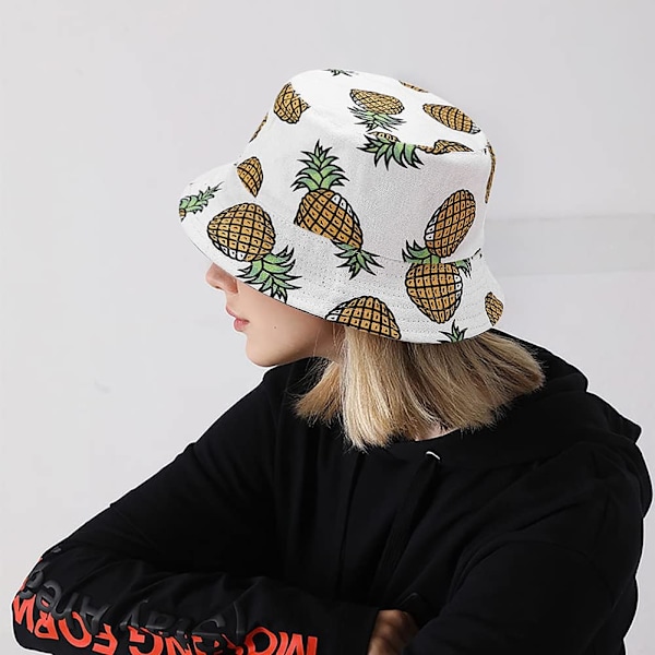 Söt bucket hat strandfiskehattar för kvinnor, vändbar dubbelsidig användning Pineapple White