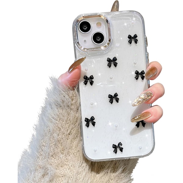 Skall til iPhone 14 Plus, Bling Glitter 3D Rosett Telefondeksel Søtt Glitrende Krystallklart Rosett Slim Mykt Slitesterkt Beskyttende Skall Svart Black iPhone 14 Plus