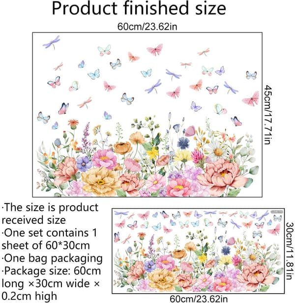 Statisk vindusdekor - 30x60 cm - Blomstermønster - PVC - C - Ingen lim nødvendig